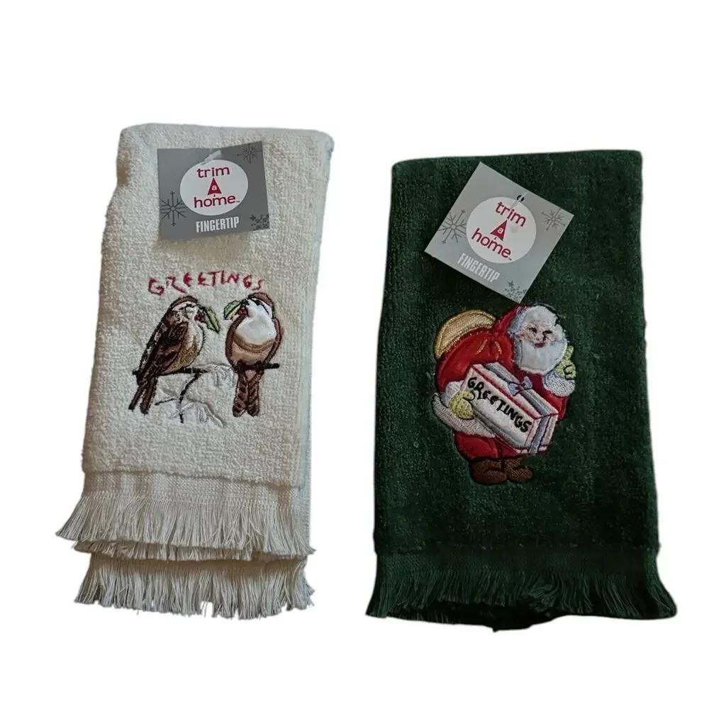 VTG Kmart Trim A Home Embroidered Santa Birds‎ Holiday Fingertip Towels NEW